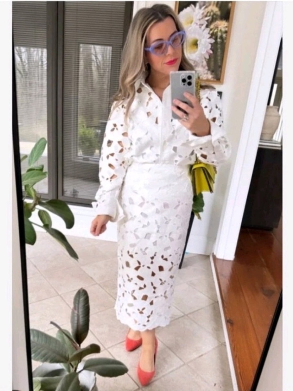 Sz 6 New H&M Satin Midi Skirt With Eyelet Embroidery White